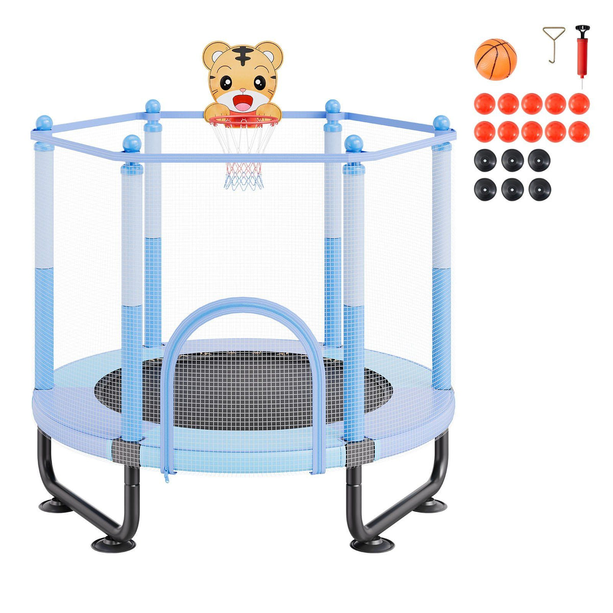 60" Kids Trampoline, 5FT Indoor Outdoor Trampoline, Mini Toddler Recreational Trampolinewith Safety Enclosure Net and Basketball Hoop, Birthday Gifts Christmas Toys for 3+ Years Children, Blue