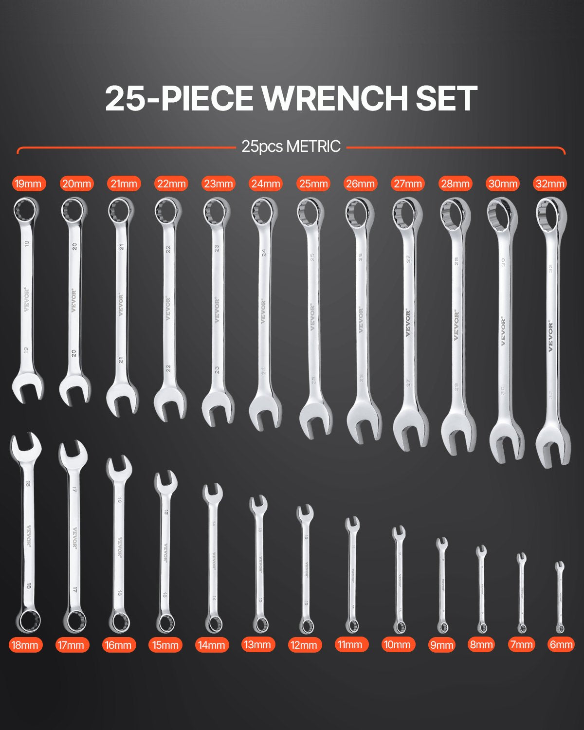 VEVOR Combination Wrench Set 25-Piece Metric 6 mm to 32 mm with Roll-up Pouch