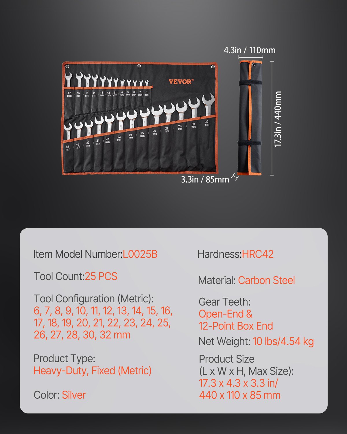 VEVOR Combination Wrench Set 25-Piece Metric 6 mm to 32 mm with Roll-up Pouch
