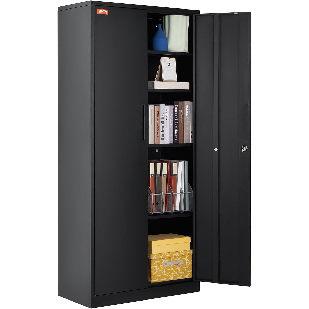 VEVOR Metal Storage Cabinet with 2 Magnetic Doors and 4 Adjustable Shelves, 90 kg Capacity per Shelf, Locking Steel Storage Cabinet, 1.8 m Metal Cabinet with 3 Keys, for Office, Garage, Home, Black