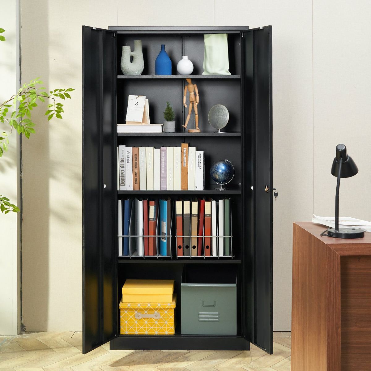 VEVOR Metal Storage Cabinet with 2 Magnetic Doors and 4 Adjustable Shelves, 90 kg Capacity per Shelf, Locking Steel Storage Cabinet, 1.8 m Metal Cabinet with 3 Keys, for Office, Garage, Home, Black