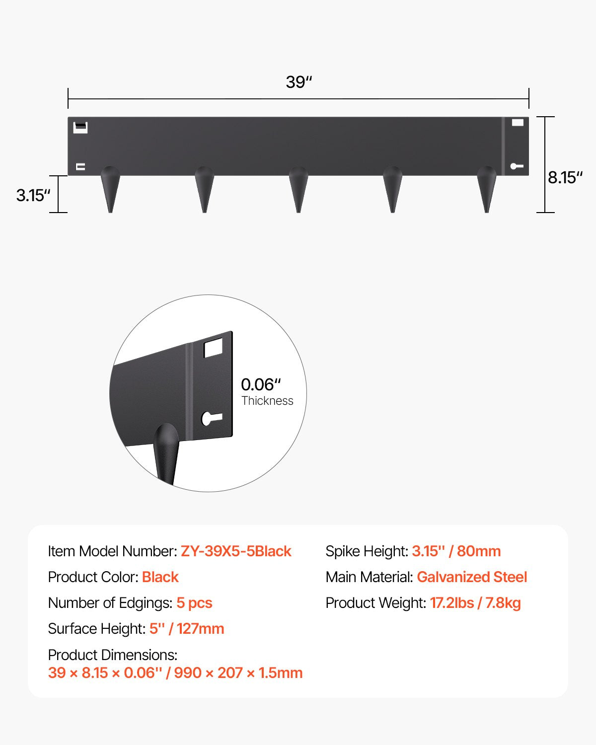 VEVOR Steel Landscape Edging, 5 Packs 990 x 207 mm Rust-Resistant Metal Landscape Edging, Bendable Garden Edging Border, Heavy Duty Lawn Edging, Easy-to-Install, Flower Bed Yard Pathway Divider Black