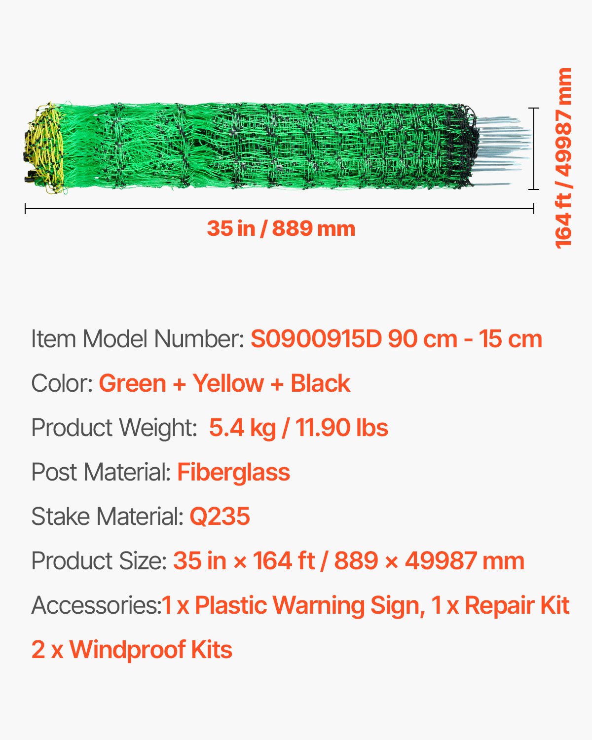 VEVOR Electric Fence Netting, 0.88 x 49.98 m, PE Net Fencing with Posts & Double-Spiked Stakes, Utility Portable Mesh for Goats, Sheep, Lambs, Deer, Hogs, Dogs, Used in Backyards, Farms, and Ranches