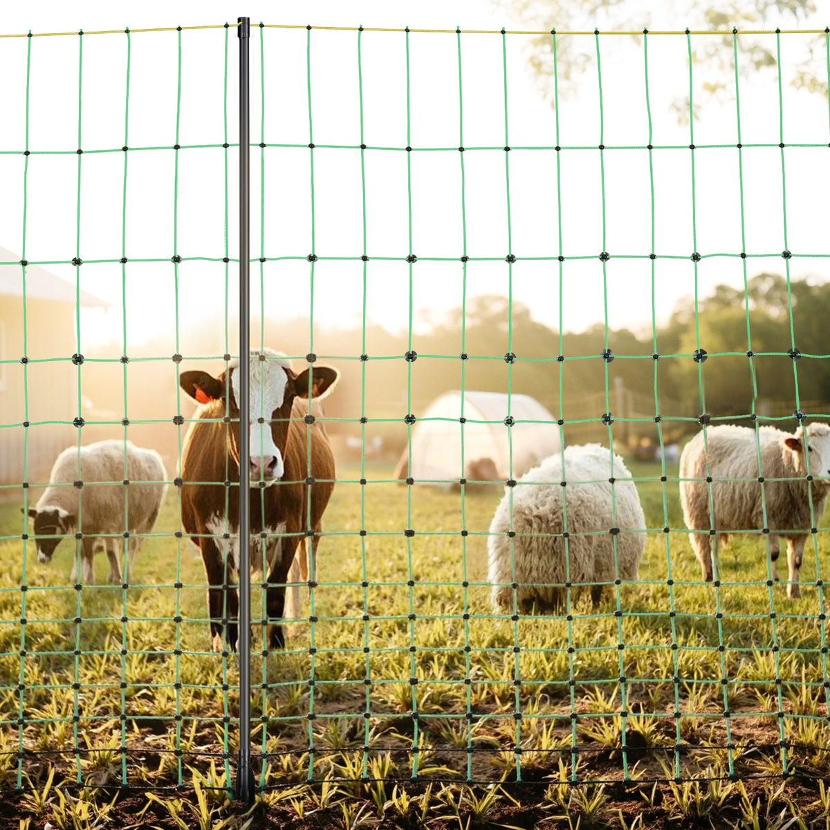 VEVOR Electric Fence Netting, 0.88 x 49.98 m, PE Net Fencing with Posts & Double-Spiked Stakes, Utility Portable Mesh for Goats, Sheep, Lambs, Deer, Hogs, Dogs, Used in Backyards, Farms, and Ranches