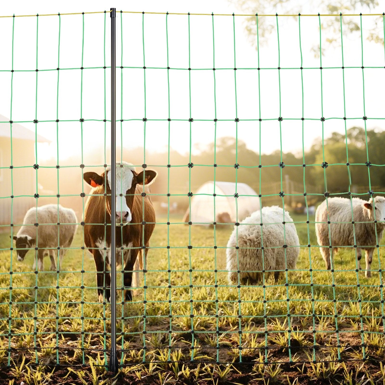 VEVOR Electric Fence Netting, 0.88 x 49.98 m, PE Net Fencing with Posts & Double-Spiked Stakes, Utility Portable Mesh for Goats, Sheep, Lambs, Deer, Hogs, Dogs, Used in Backyards, Farms, and Ranches