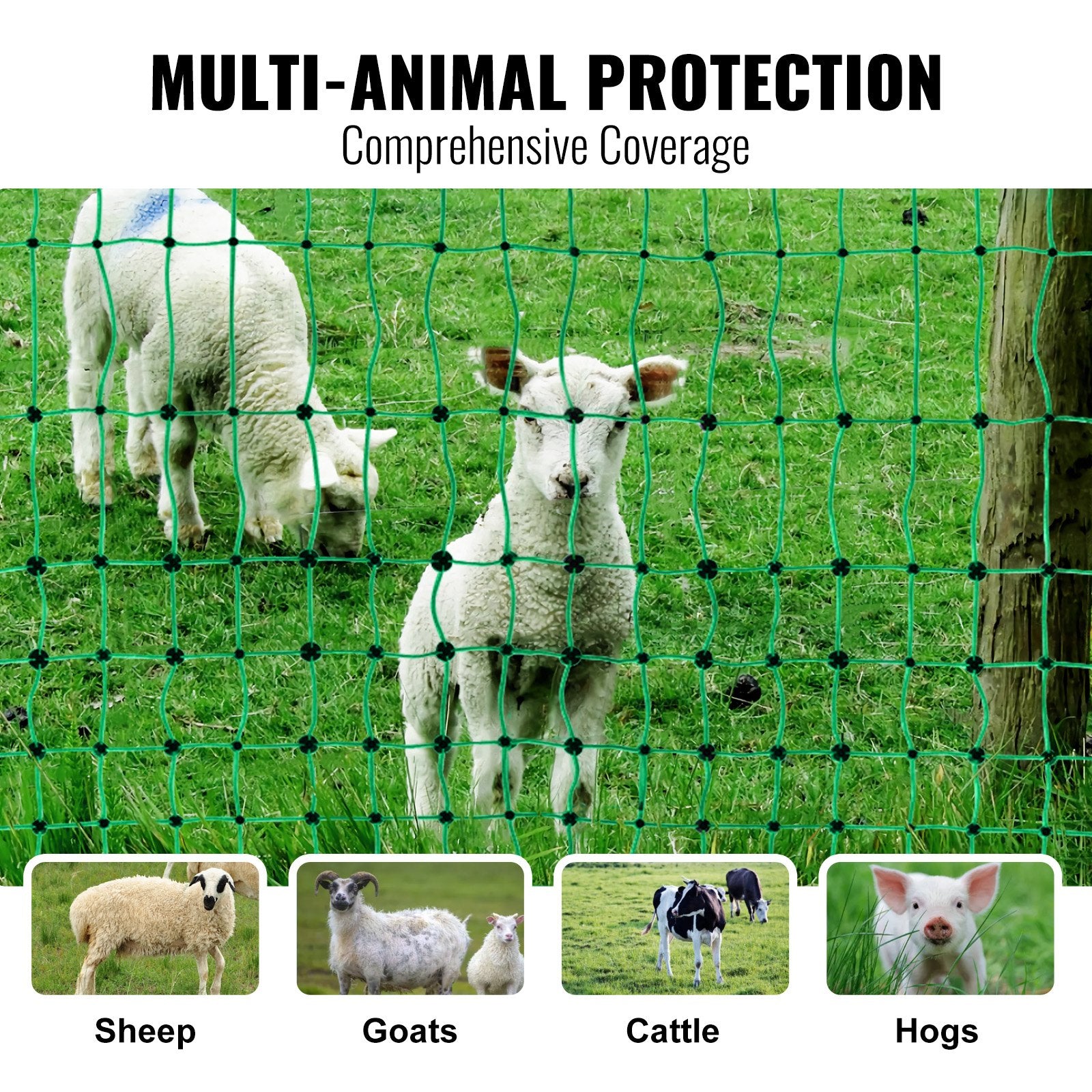 VEVOR Electric Fence Netting, 1.06 x 49.98 m, PE Net Fencing with Posts & Double-Spiked Stakes, Utility Portable Mesh for Goats, Sheep, Lambs, Deer, Hogs, Dogs, Used in Backyards, Farms, and Ranches