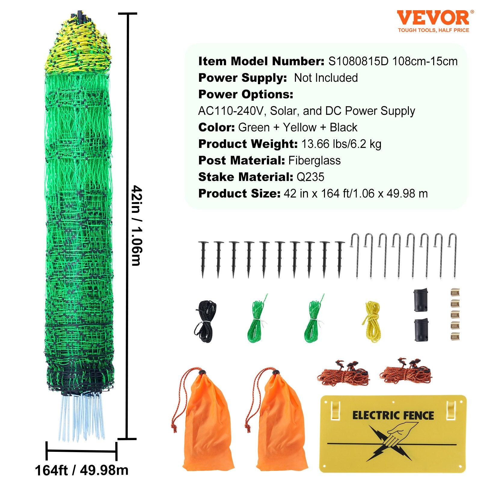 VEVOR Electric Fence Netting, 1.06 x 49.98 m, PE Net Fencing with Posts & Double-Spiked Stakes, Utility Portable Mesh for Goats, Sheep, Lambs, Deer, Hogs, Dogs, Used in Backyards, Farms, and Ranches