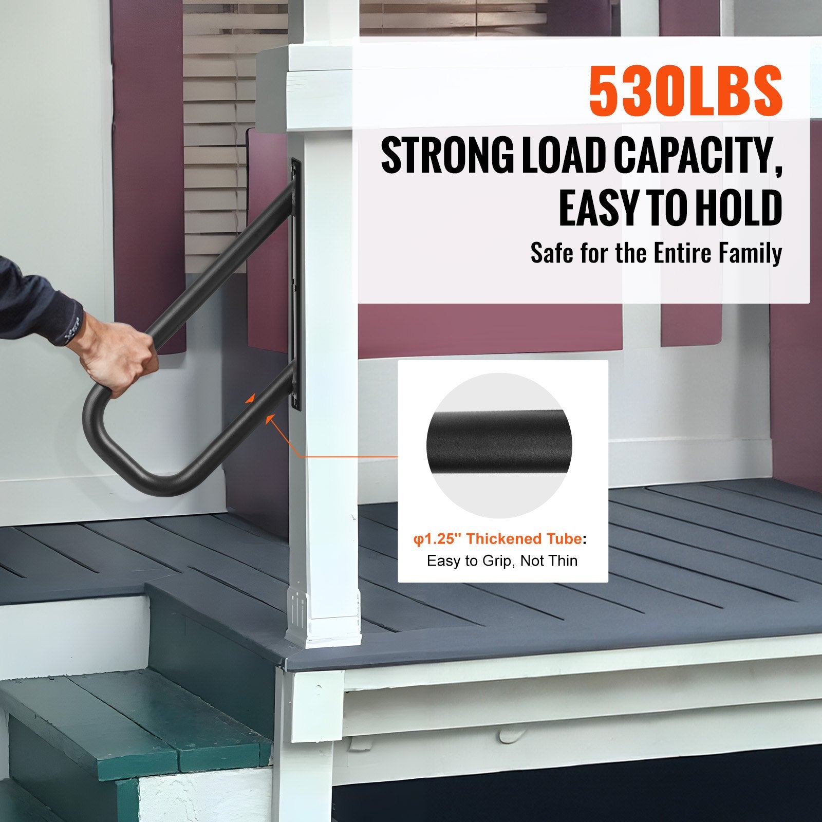 VEVOR Handrails for Outdoor Steps, 18.9" Length 1.3"Pipe Wall Mount Safety Railings for 1-2 Steps, Stair Handrail with Matte Black Finished,for Garden,Yard and Garage & Elderly,Pregnant Women, Disable