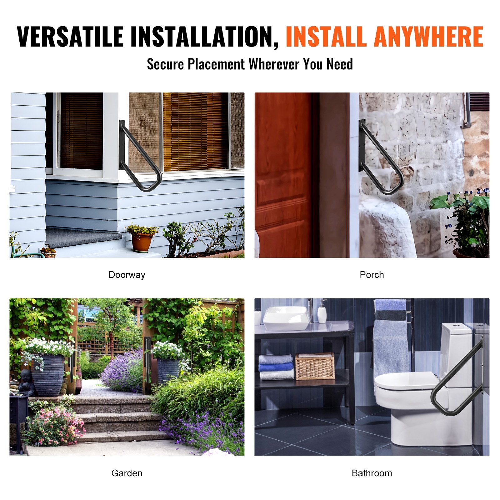 VEVOR Handrails for Outdoor Steps, 18.9" Length 1.3"Pipe Wall Mount Safety Railings for 1-2 Steps, Stair Handrail with Matte Black Finished,for Garden,Yard and Garage & Elderly,Pregnant Women, Disable