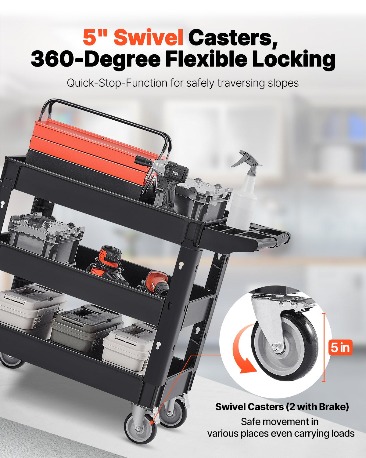 VEVOR Utility Service Cart, 550 LBS Laod Capacity, 3 Shelf Heavy Duty Plastic Rolling Utility Cart with 360° Swivel Wheels (2 with Brakes), Ergonomic Storage Handle for Warehouse/Garage/Cleaning