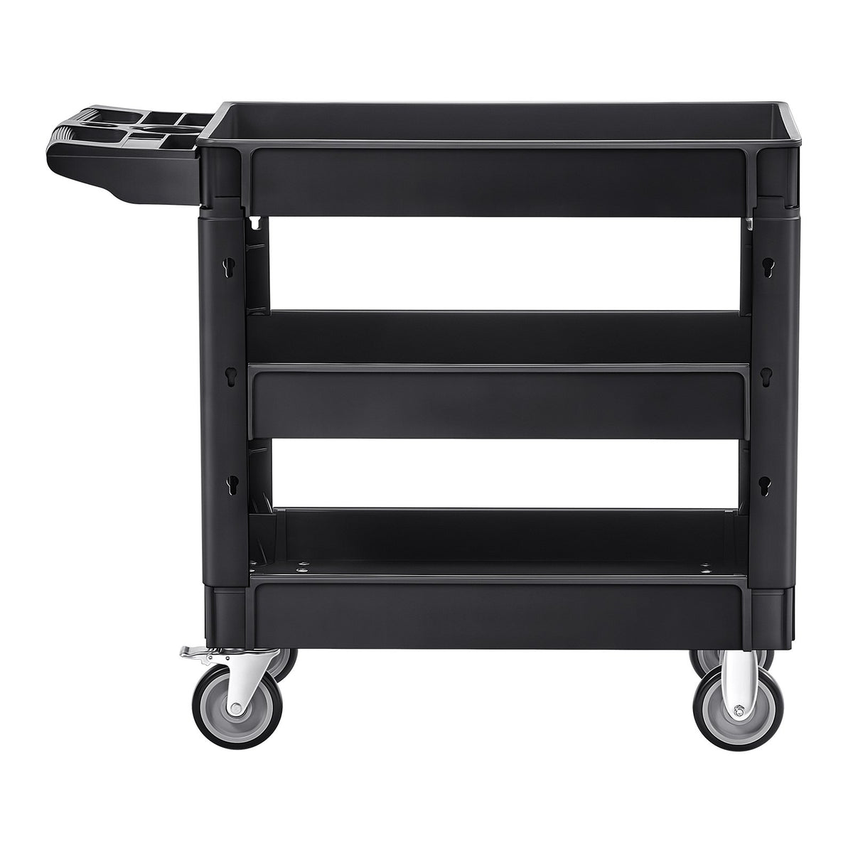 VEVOR Utility Service Cart, 550 LBS Laod Capacity, 3 Shelf Heavy Duty Plastic Rolling Utility Cart with 360° Swivel Wheels (2 with Brakes), Ergonomic Storage Handle for Warehouse/Garage/Cleaning