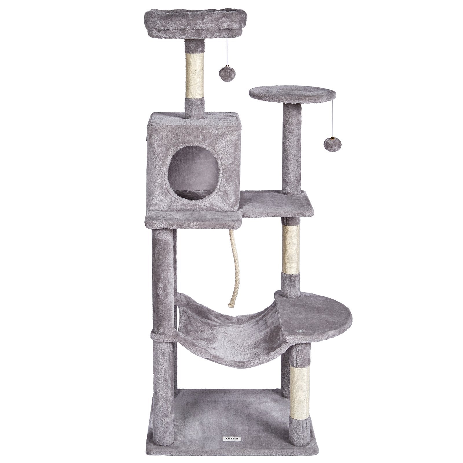 VEVOR Cat Tree 143 cm Cat Tower with Cat Condo Sisal Scratching Post Light Grey