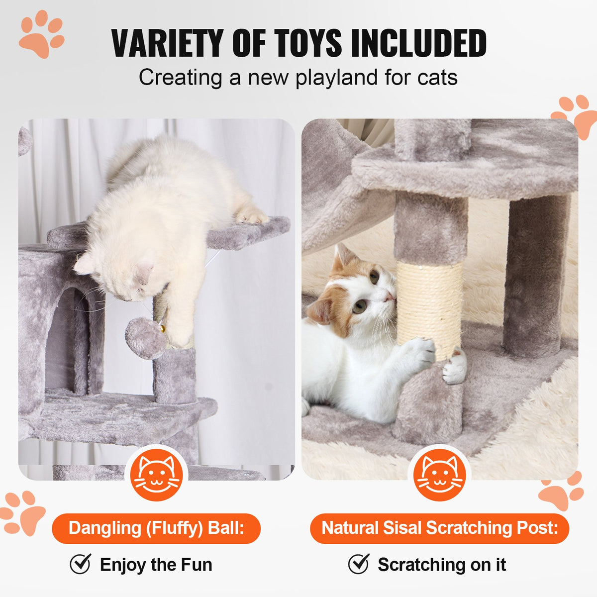 VEVOR Cat Tree 160 cm Cat Tower with 2 Cat Condos Scratching Post Light Grey