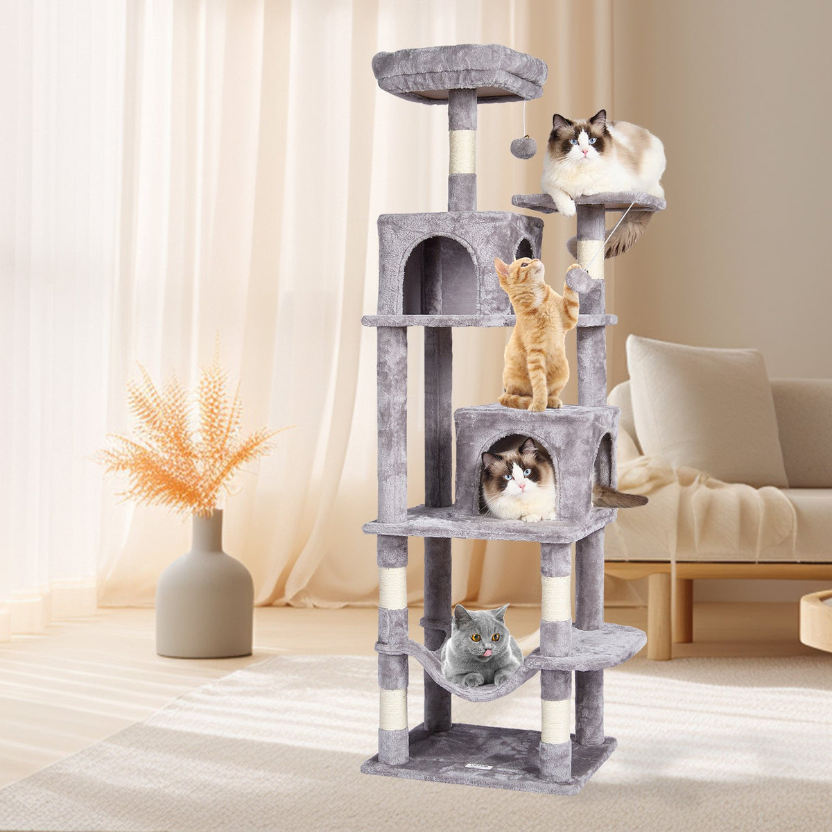 VEVOR Cat Tree 160 cm Cat Tower with 2 Cat Condos Scratching Post Light Grey