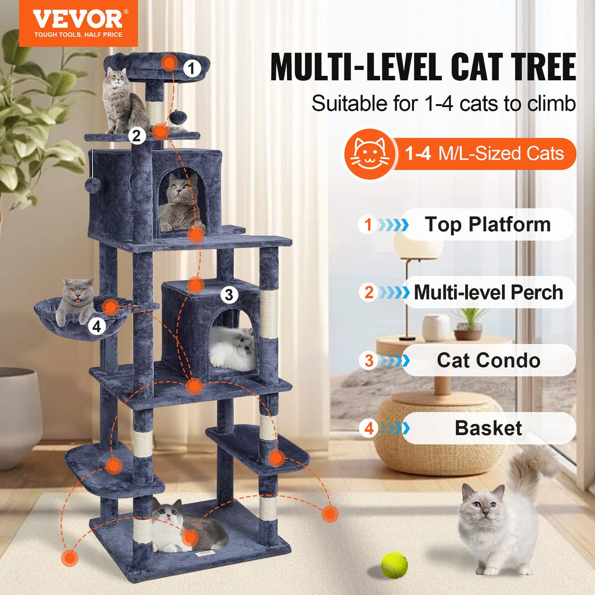 VEVOR Cat Tree 174 cm Cat Tower with Cat Condos Sisal Scratching Post Dark Grey
