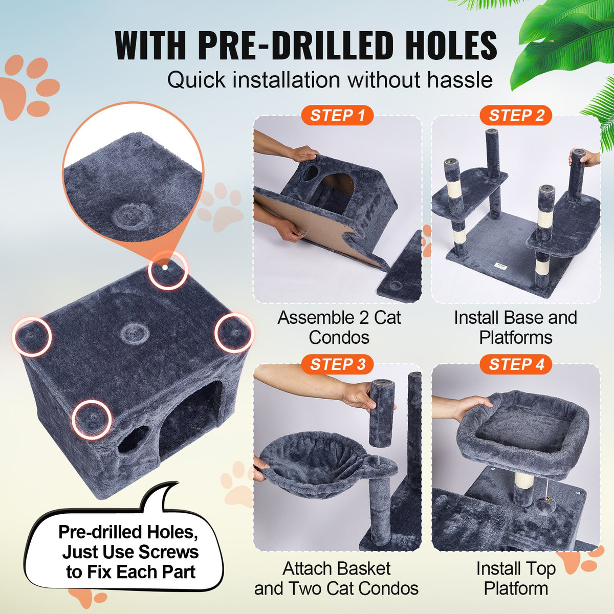 VEVOR Cat Tree 174 cm Cat Tower with Cat Condos Sisal Scratching Post Dark Grey