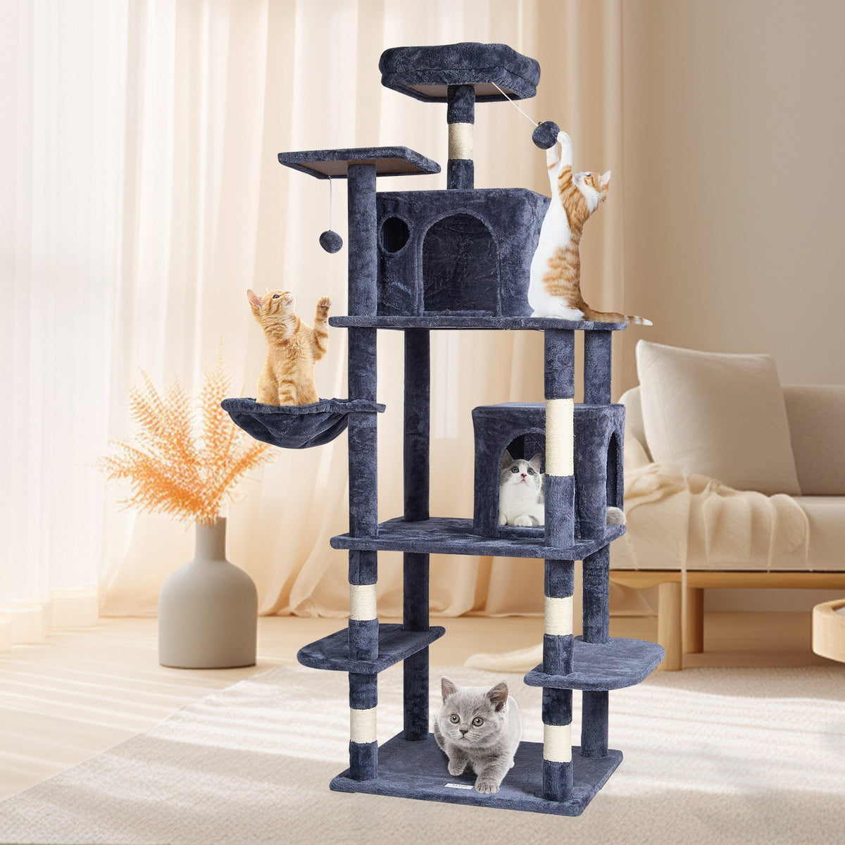 VEVOR Cat Tree 174 cm Cat Tower with Cat Condos Sisal Scratching Post Dark Grey