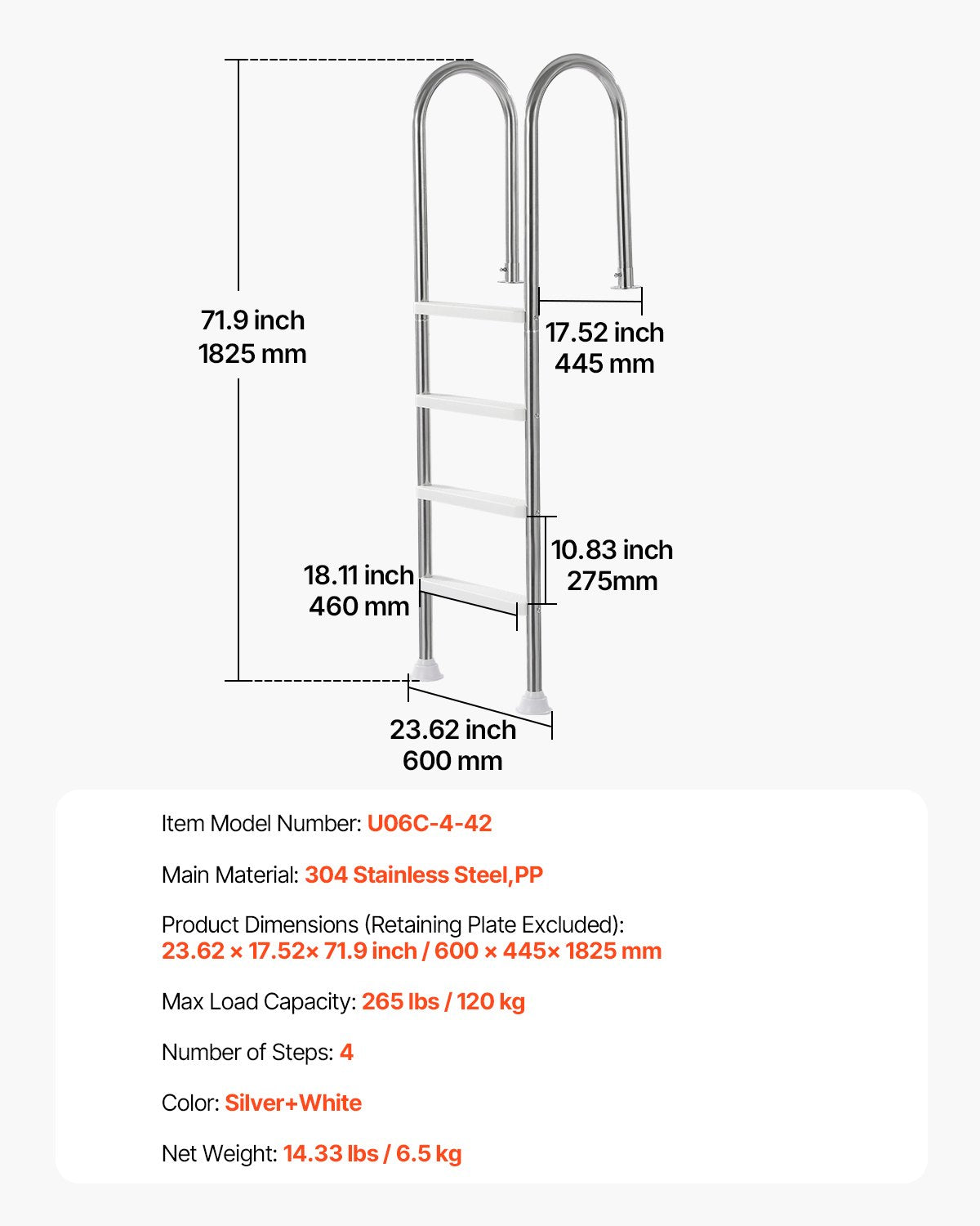 VEVOR 4-Step Stainless Steel Pool Ladder of 2 Handrail for 1371.6 mm Decked Pool