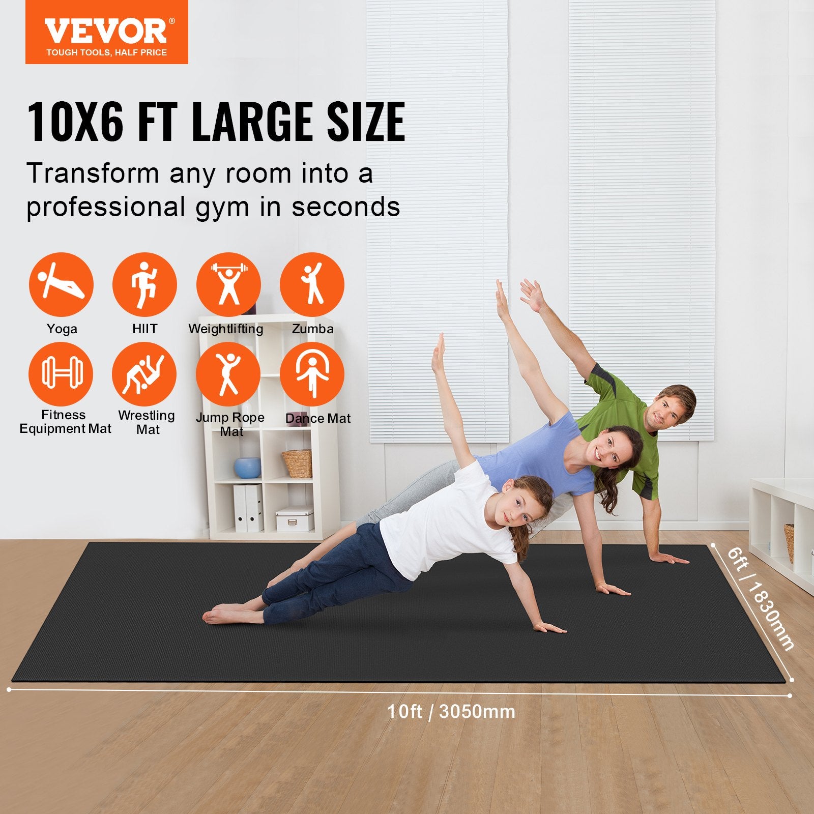 VEVOR Exercise Mat, Non Slip High Density Premium Yoga Mat, Exercise Yoga Mat for Men Women, Fitness & Exercise Mat with Bag & Carry Strap, for All Types of Home Yoga, Pilate & Floor Workout (10x6ft)