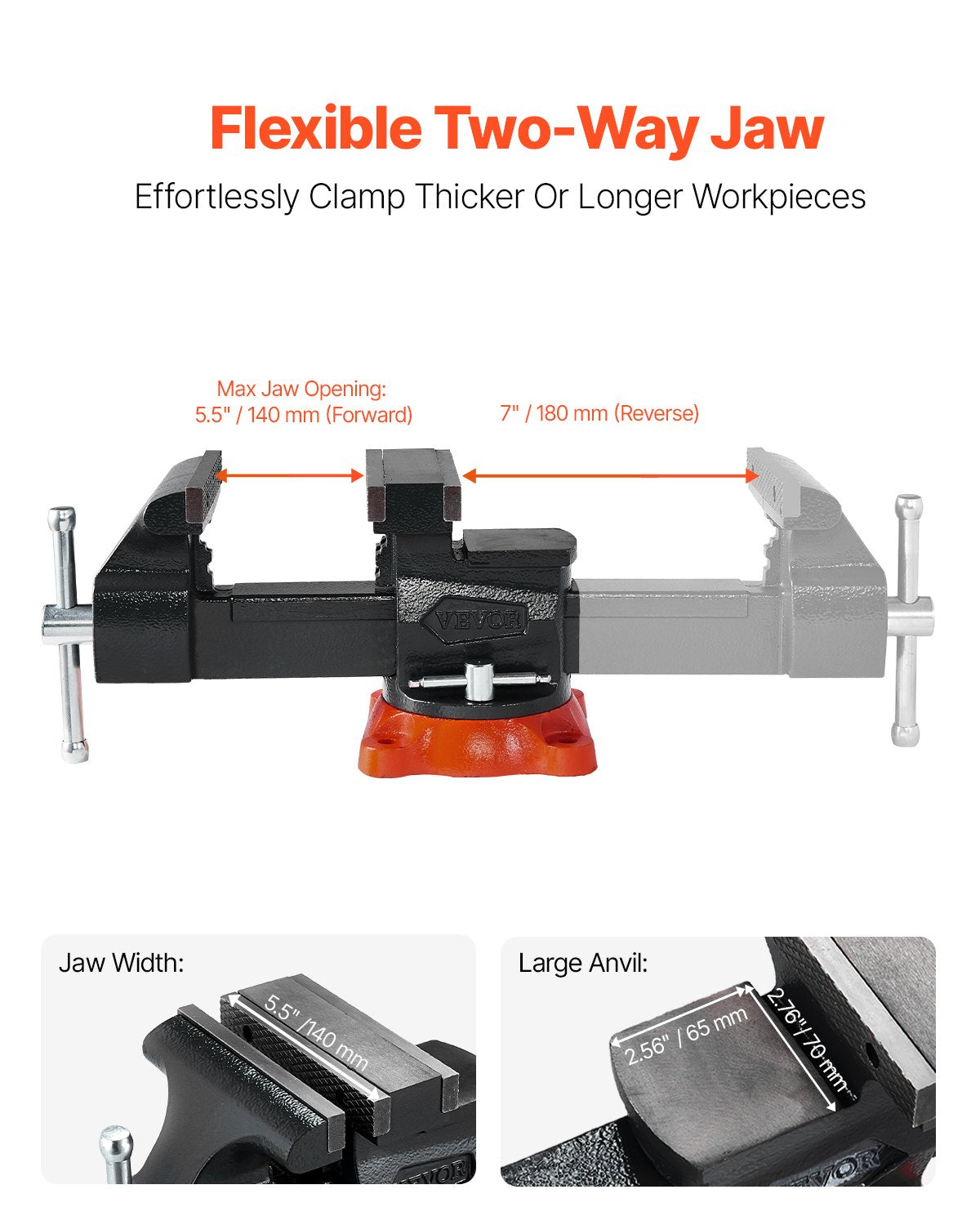 VEVOR Bench Vise, 140 mm Jaw Width, 140 mm Max Jaw Opening Multipurpose Vise with 360° Swivel Locking Base, 73 mm Throat, Heavy Duty Ductile Iron Workbench Vise, Two-Way Jaws for Clamping Round Pipes