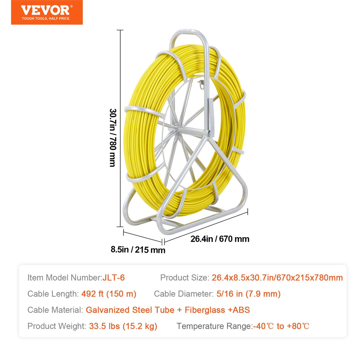 VEVOR Fish Tape Fiberglass, 150 m, 7.9 mm, Duct Rodder Fishtape Wire Puller, Cable Running Rod with Steel Reel Stand, 3 Pulling Heads, Fishing Tools for Walls and Electrical Conduit, Non-Conductive