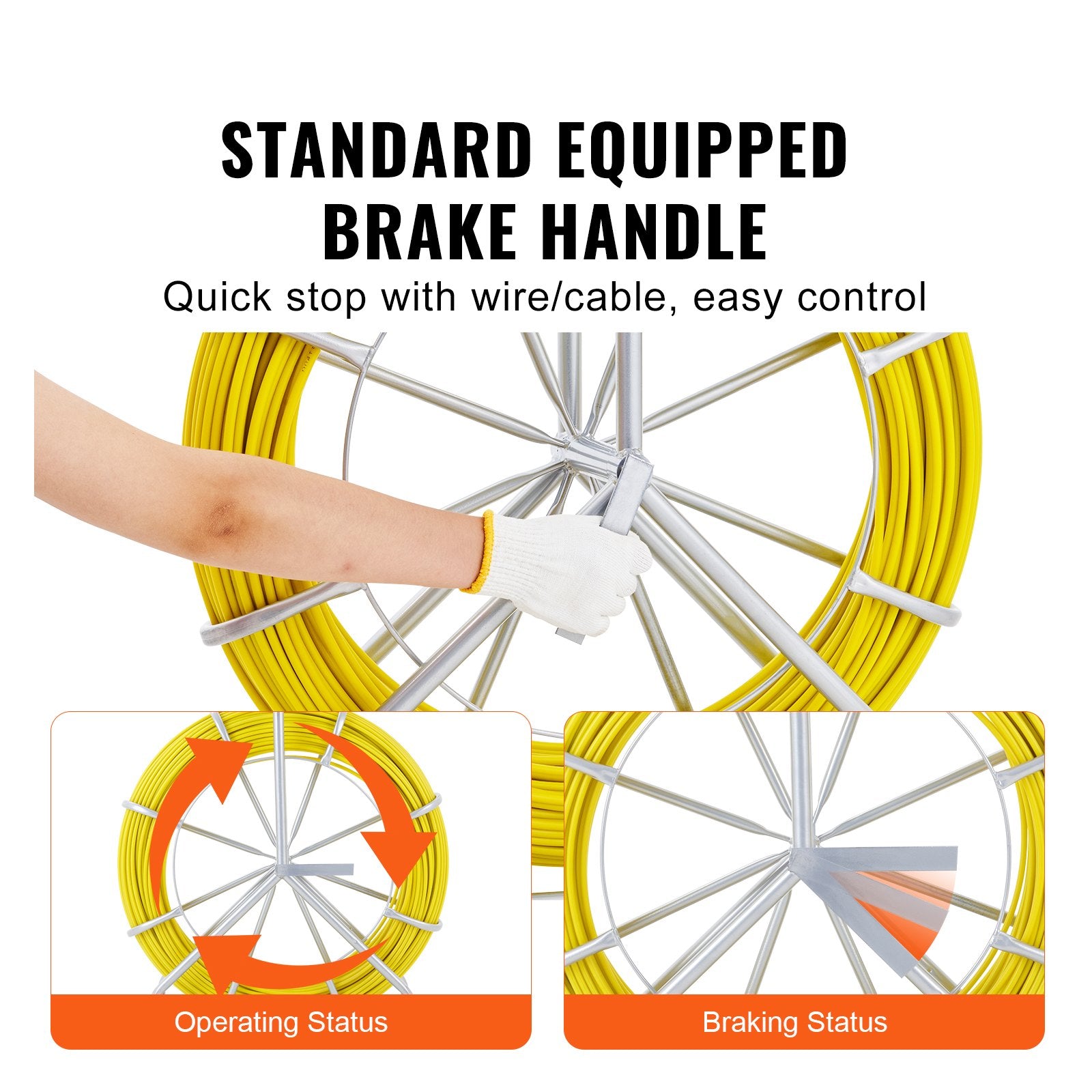 VEVOR Fish Tape Fiberglass, 182.88 m, 7.9 mm, Duct Rodder Fishtape Wire Puller, Cable Running Rod with Steel Reel Stand, 3 Pulling Heads, Fishing Tools for Walls and Electrical Conduit, Non-Conductive