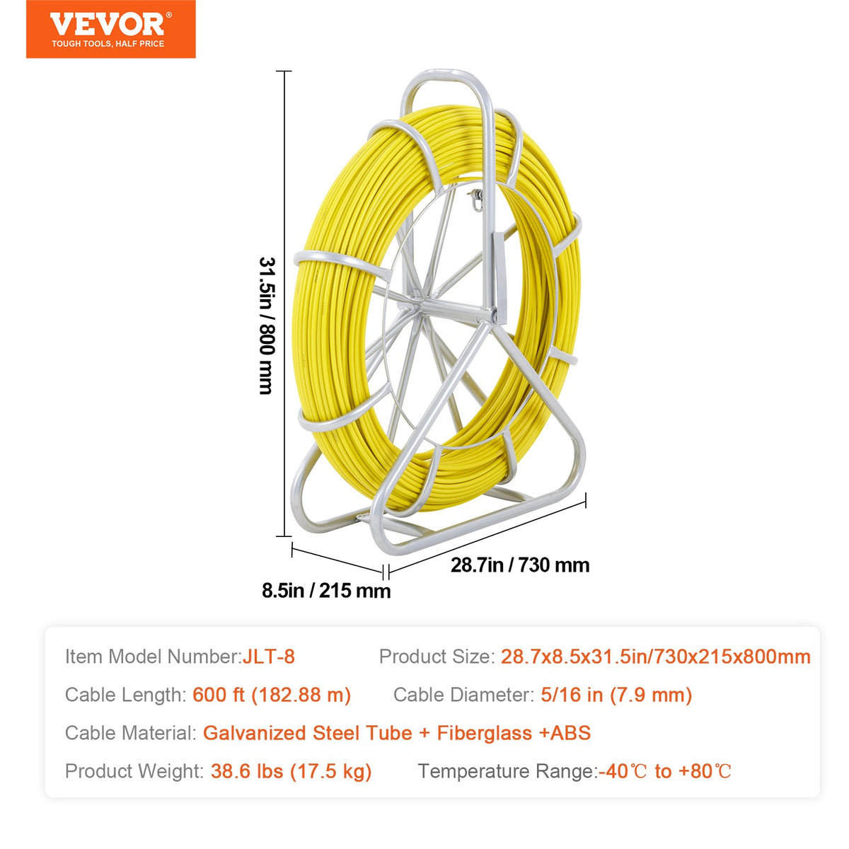 VEVOR Fish Tape Fiberglass, 182.88 m, 7.9 mm, Duct Rodder Fishtape Wire Puller, Cable Running Rod with Steel Reel Stand, 3 Pulling Heads, Fishing Tools for Walls and Electrical Conduit, Non-Conductive