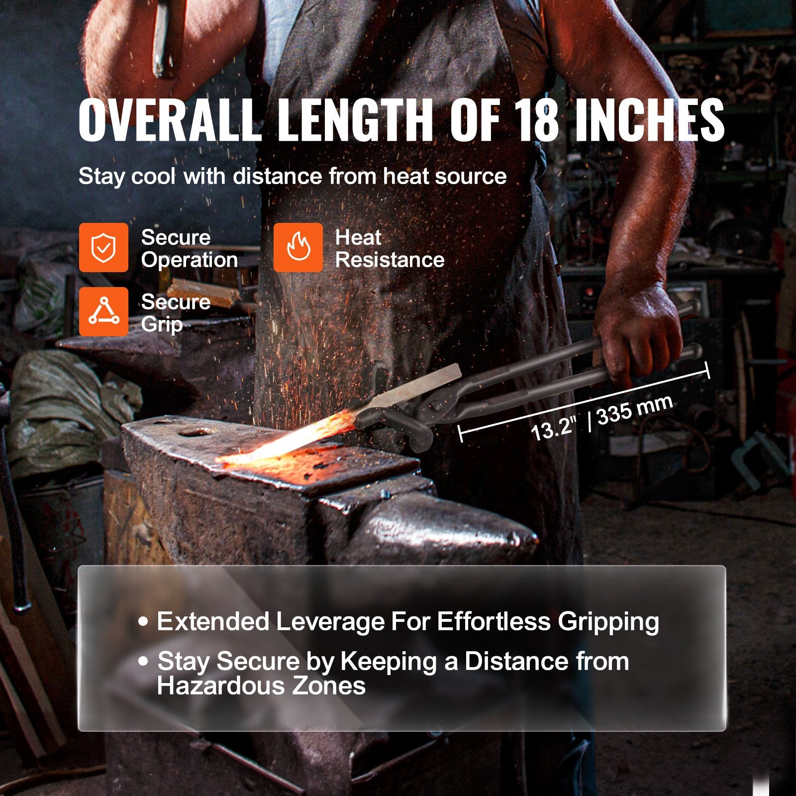 VEVOR Blacksmith Tongs, 463mm Z V-Bit Tongs, Carbon Steel Forge Tongs with A3 Steel Rivets, for Knife Blades, Long Pieces, Circular Forgings, for Beginner and Seasoned Blacksmiths and Bladesmiths