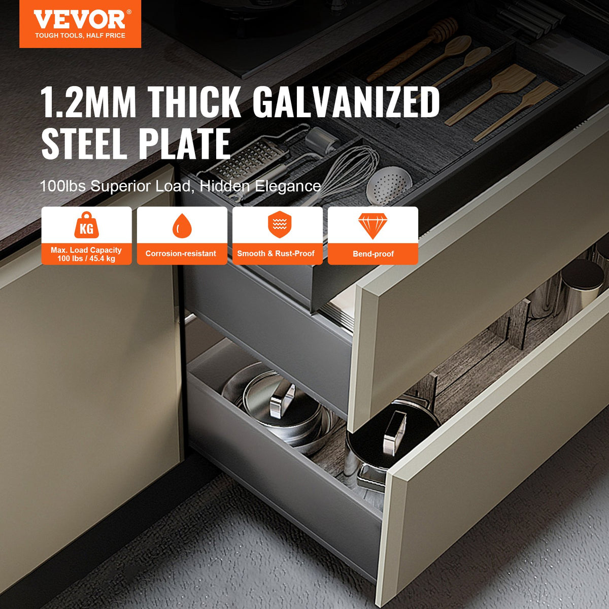 VEVOR 10 Pairs of 533.4mm Drawer Bottom Side Mount Rails, Heavy Duty Full Ball Bearing Extension Steel Track, Soft-Close Noiseless Guide Glides Cabinet Kitchen Runners with Locking Mechanism, 100 Lbs