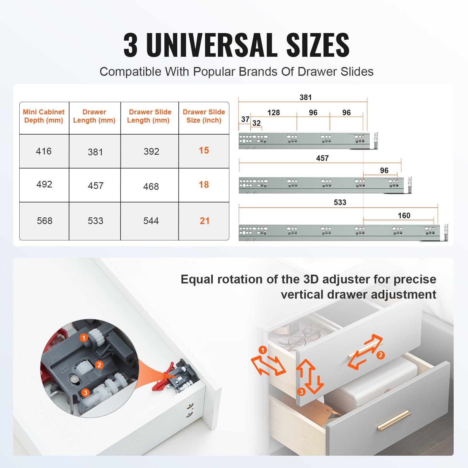 VEVOR 10 Pairs of 533.4mm Drawer Bottom Side Mount Rails, Heavy Duty Full Ball Bearing Extension Steel Track, Soft-Close Noiseless Guide Glides Cabinet Kitchen Runners with Locking Mechanism, 100 Lbs