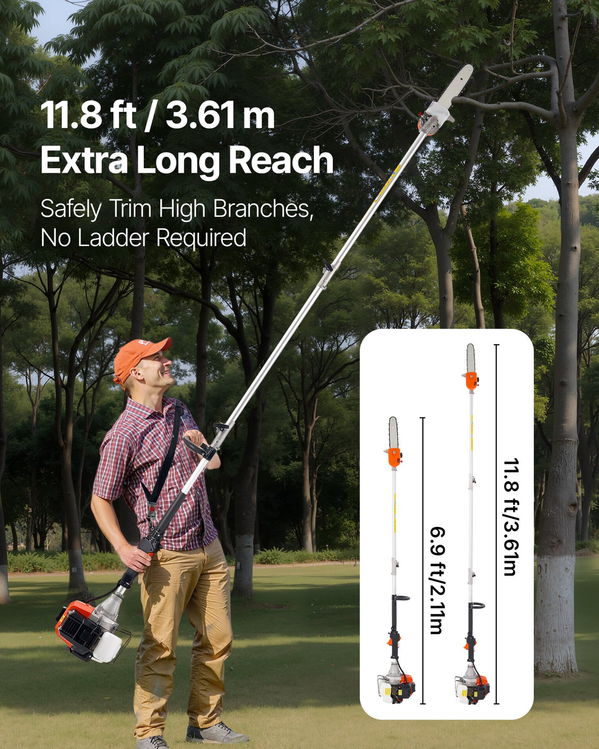 VEVOR Gas Pole Saw, 43CC 2 Stroke Gas Powered Pole Saws with 25.4 cm Cutting Bar, Cordless Tree Trimmer with Rotatable Head, 2.1 to 3.6 m Extendable, Powerful Chainsaw for Tree Trimming Pruning