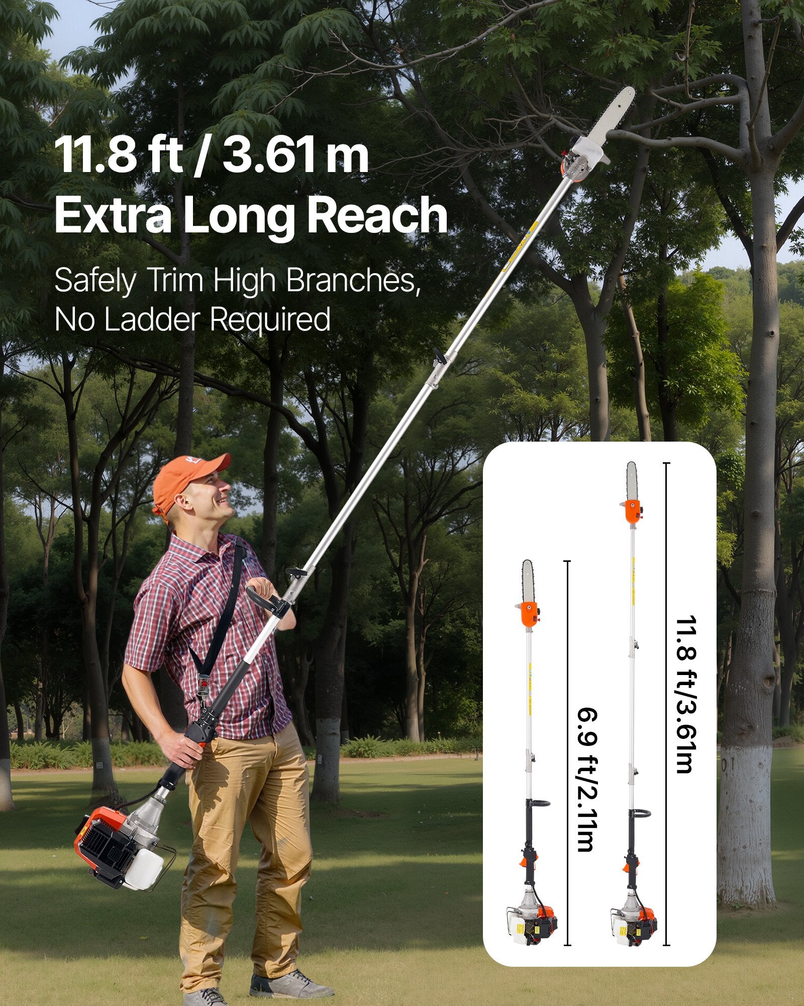 VEVOR Gas Pole Saw, 43CC 2 Stroke Gas Powered Pole Saws with 25.4 cm Cutting Bar, Cordless Tree Trimmer with Rotatable Head, 2.1 to 3.6 m Extendable, Powerful Chainsaw for Tree Trimming Pruning