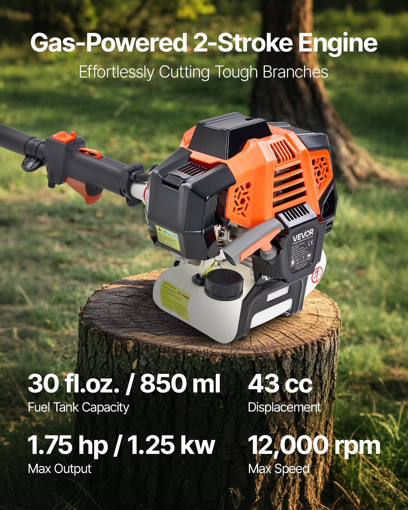 VEVOR Gas Pole Saw, 43CC 2 Stroke Gas Powered Pole Saws with 25.4 cm Cutting Bar, Cordless Tree Trimmer with Rotatable Head, 2.1 to 3.6 m Extendable, Powerful Chainsaw for Tree Trimming Pruning