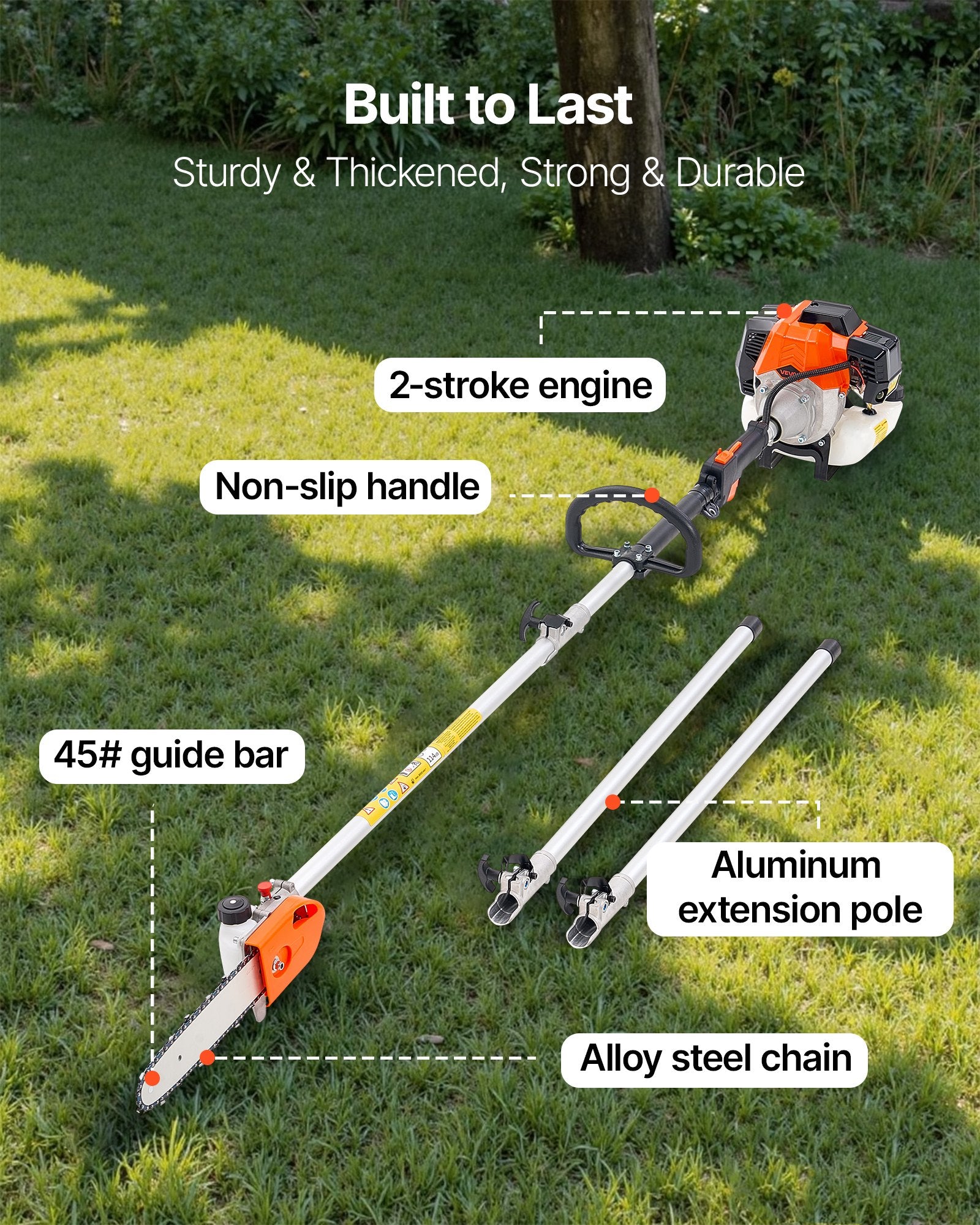 VEVOR Gas Pole Saw, 43CC 2 Stroke Gas Powered Pole Saws with 25.4 cm Cutting Bar, Cordless Tree Trimmer with Rotatable Head, 2.1 to 3.6 m Extendable, Powerful Chainsaw for Tree Trimming Pruning