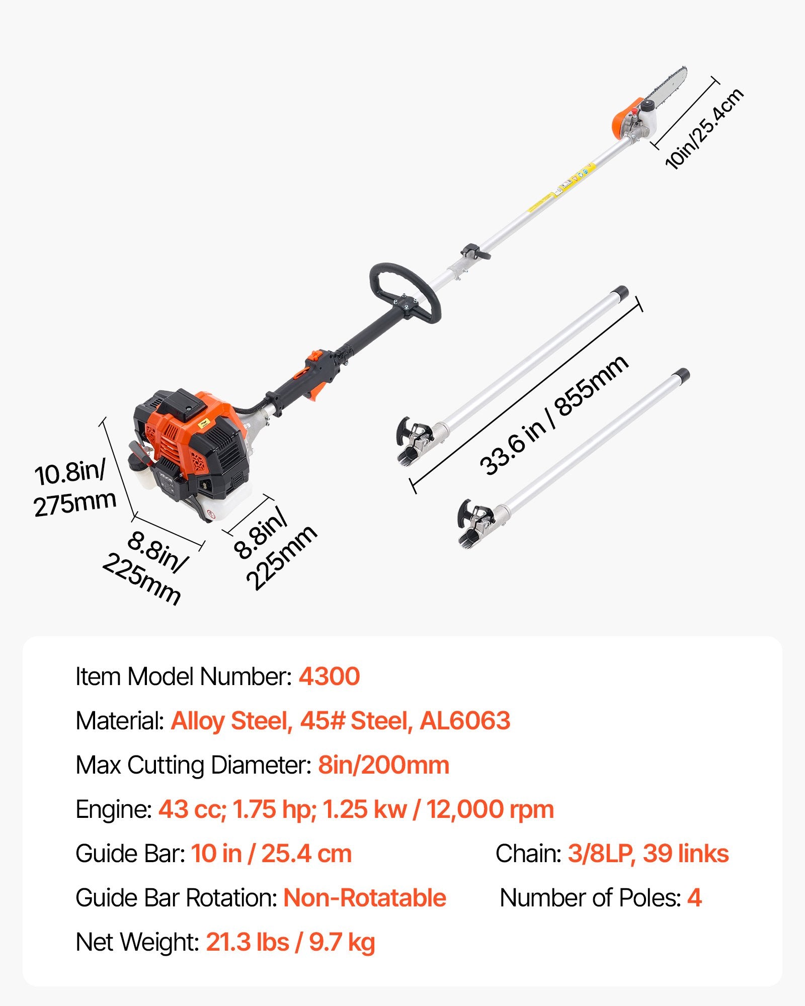 VEVOR Gas Pole Saw, 43CC 2 Stroke Gas Powered Pole Saws with 25.4 cm Cutting Bar, Cordless Tree Trimmer with Rotatable Head, 2.1 to 3.6 m Extendable, Powerful Chainsaw for Tree Trimming Pruning