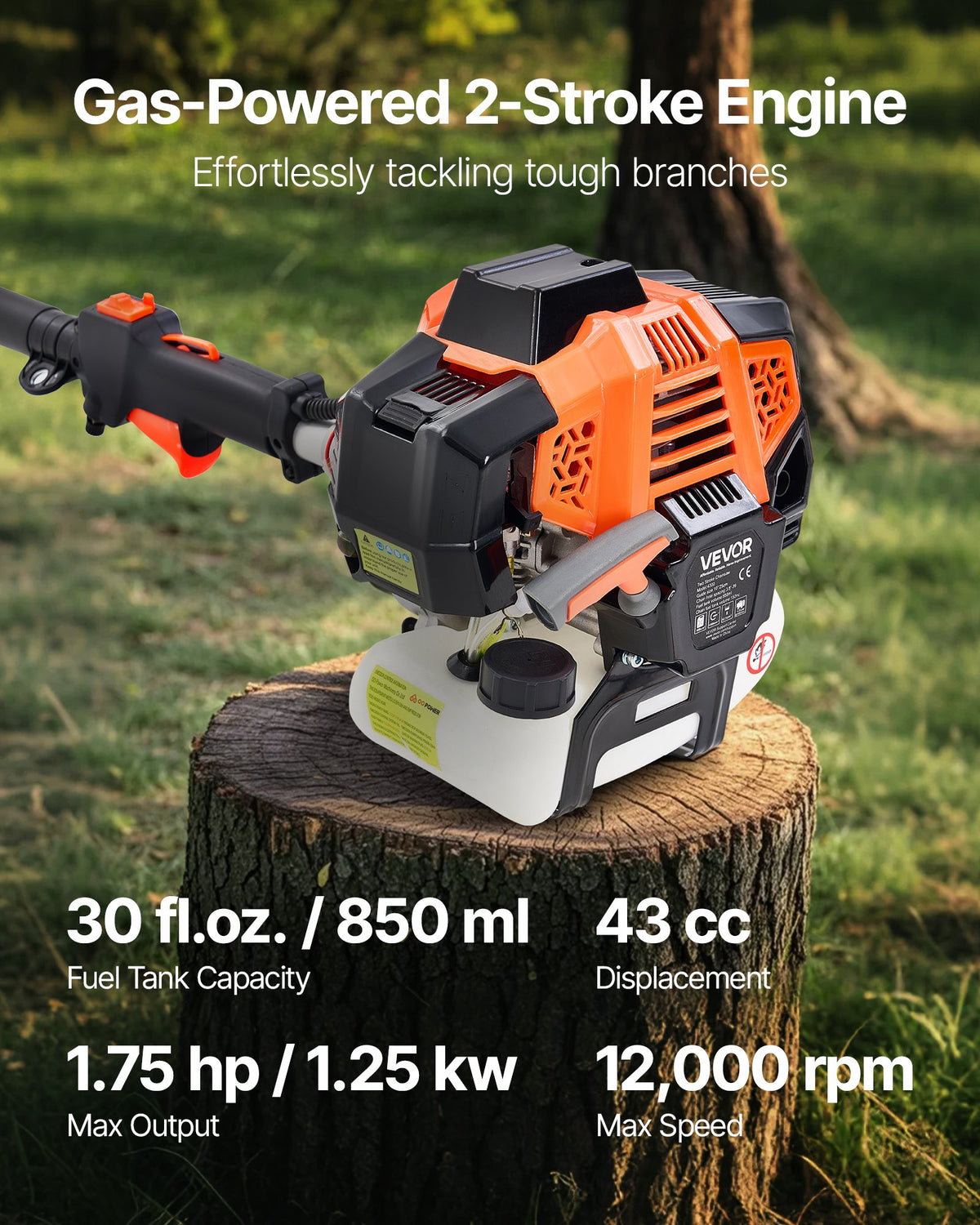 VEVOR Gas Pole Saw, 33CC 2 Stroke Gas Powered Pole Saws with 20.3 cm Cutting Bar, Cordless Tree Trimmer with 850ml Fuel Tank, 2.08 to 3.58 m  Extendable, Powerful Chainsaw for Tree Trimming Pruning