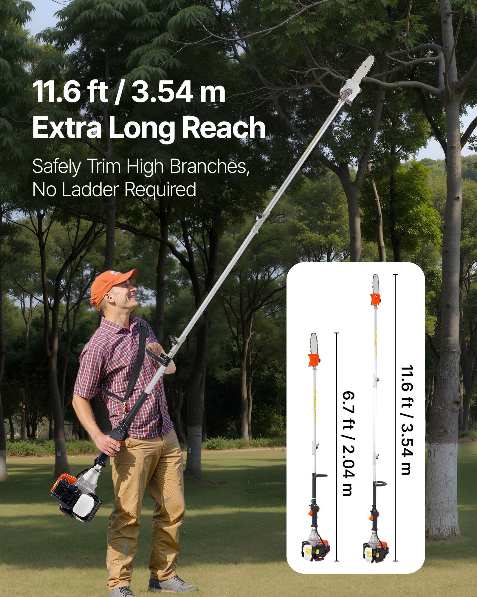 VEVOR Gas Pole Saw, 33CC 2 Stroke Gas Powered Pole Saws with 20.3 cm Cutting Bar, Cordless Tree Trimmer with 850ml Fuel Tank, 2 to 3.5 m  Extendable, Powerful Chainsaw for Tree Trimming Pruning