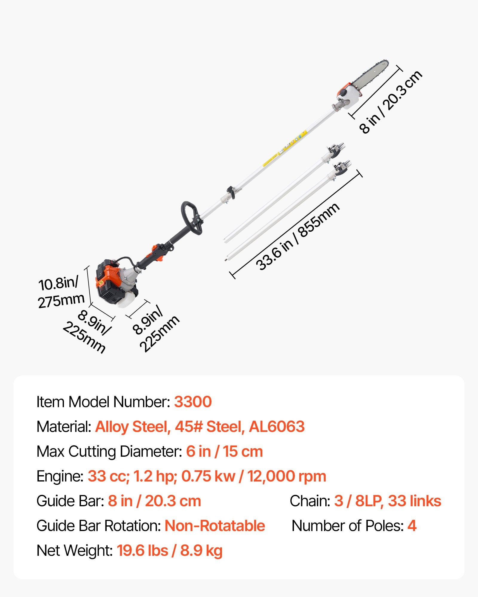 VEVOR Gas Pole Saw, 33CC 2 Stroke Gas Powered Pole Saws with 20.3 cm Cutting Bar, Cordless Tree Trimmer with 850ml Fuel Tank, 2 to 3.5 m  Extendable, Powerful Chainsaw for Tree Trimming Pruning