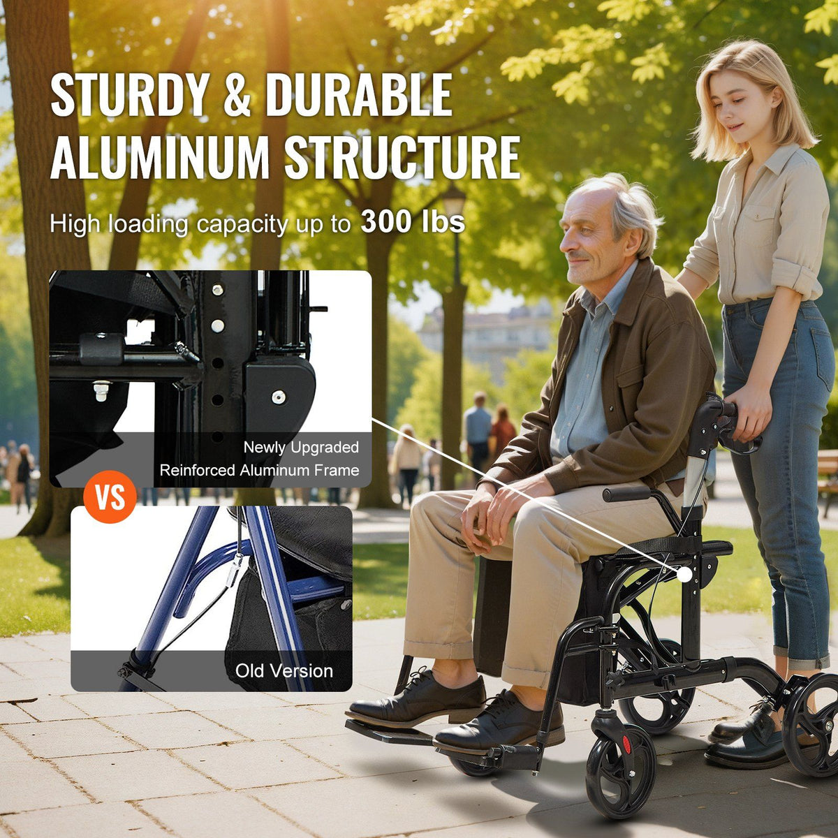 2 in 1 Rollator Walker & Transport Chair for Seniors, Folding Rolling Walker Wheelchair Combo & Footrests, Lightweight Aluminum Mobility Walker with Adjustable Handle, All Terrain Wheels, 136KG