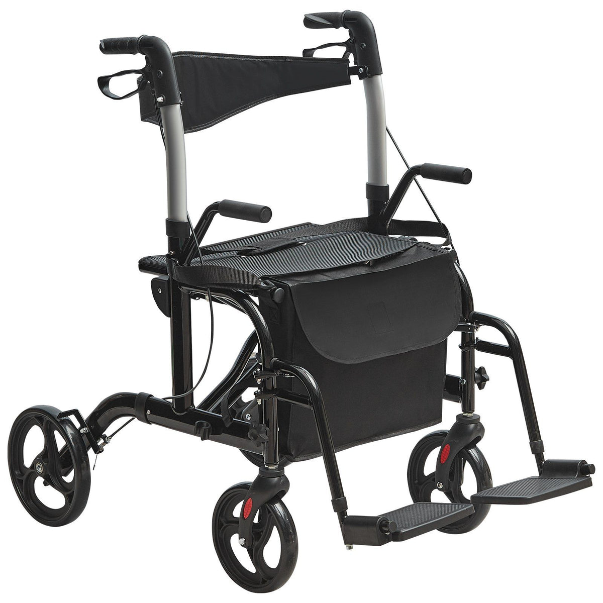 2 in 1 Rollator Walker & Transport Chair for Seniors, Folding Rolling Walker Wheelchair Combo & Footrests, Lightweight Aluminum Mobility Walker with Adjustable Handle, All Terrain Wheels, 136KG
