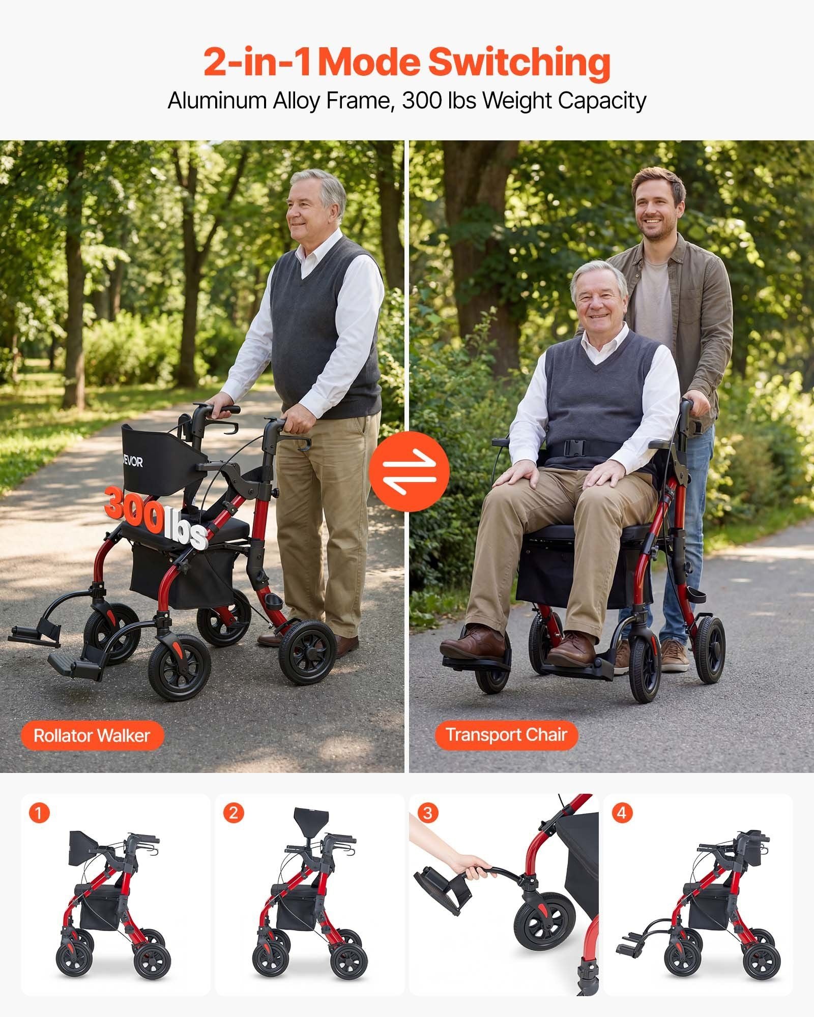2-in-1 Rollator Walker & Transport Chair for Seniors, Foldable Rolling Walker Wheelchair, Lightweight Aluminum Mobility Walking Aid with Solid PU Wheels, Cup & Cane Holder - Supports 136kg