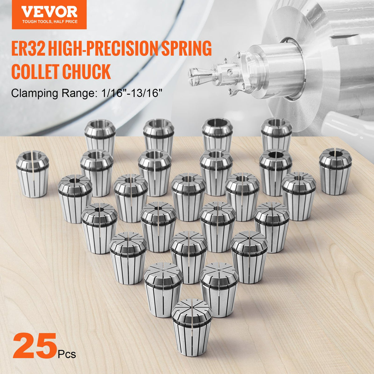 VEVOR 25 pcs ER32 Collet Set, 1/16''-13/16'', ER32 Spring Collet Chuck Set, 0.0006"/15 μm TIR Lathe Chuck Tool with 25 Labeled Storage Boxes, for CNC Engraving Machine Milling Lathe Tool Drill Press