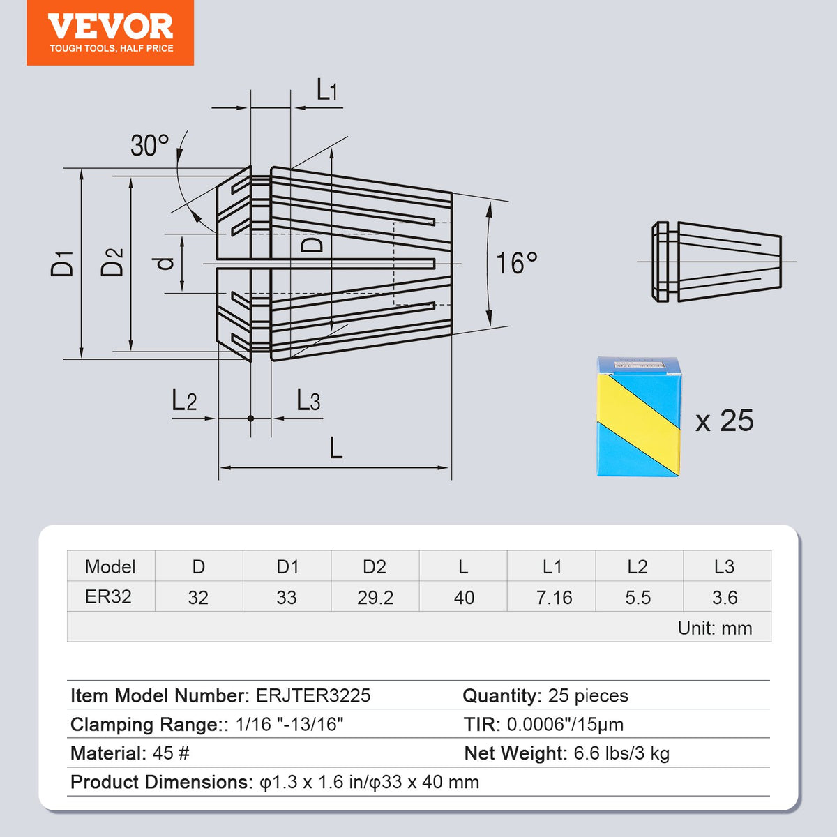VEVOR 25 pcs ER32 Collet Set, 1/16''-13/16'', ER32 Spring Collet Chuck Set, 0.0006"/15 μm TIR Lathe Chuck Tool with 25 Labeled Storage Boxes, for CNC Engraving Machine Milling Lathe Tool Drill Press