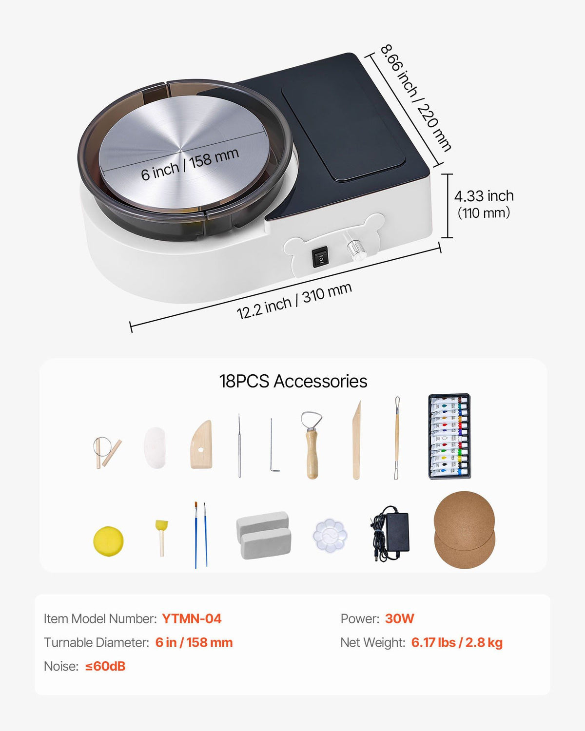 Mini Pottery Wheel, 158 mm Turntable, Forward and Reverse Rotation, Adjustable Speed, Electric Clay Wheel for Kids and Adults, with Clay Shaping Tools, for Home DIY, Pottery Classes, White