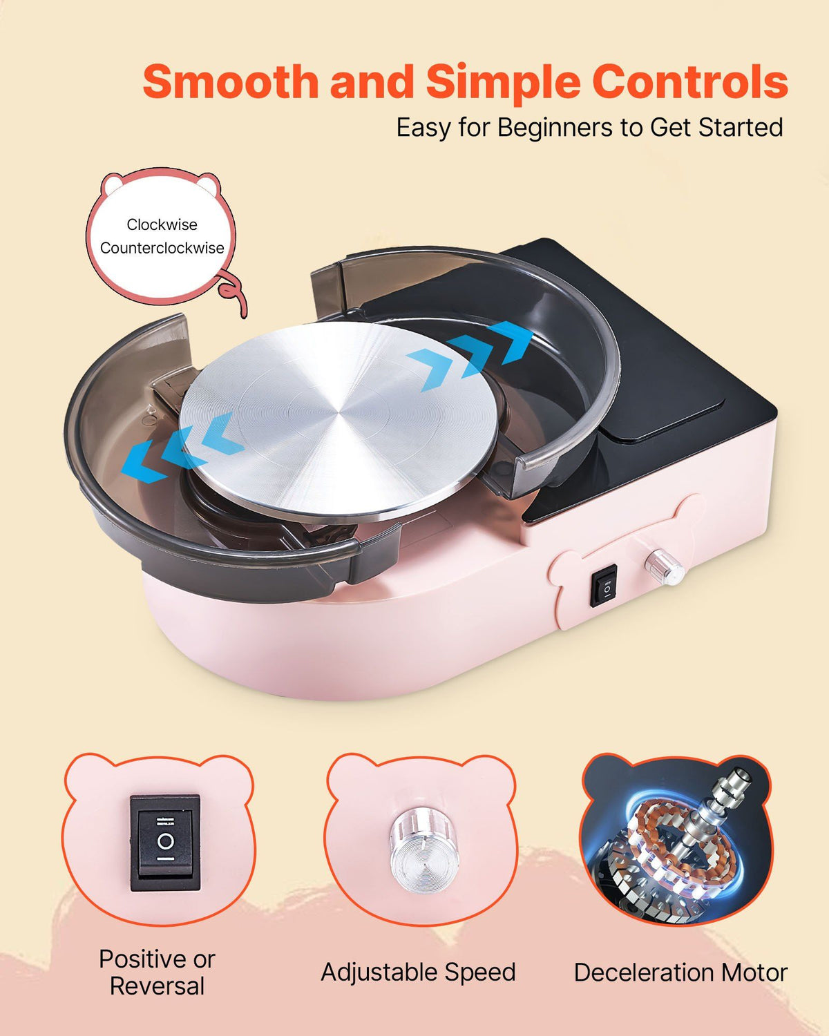 Mini Pottery Wheel, 158 mm Turntable, Forward and Reverse Rotation, Adjustable Speed, Electric Clay Wheel for Kids and Adults, with Clay Shaping Tools, for Home DIY, Pottery Classes, Pink