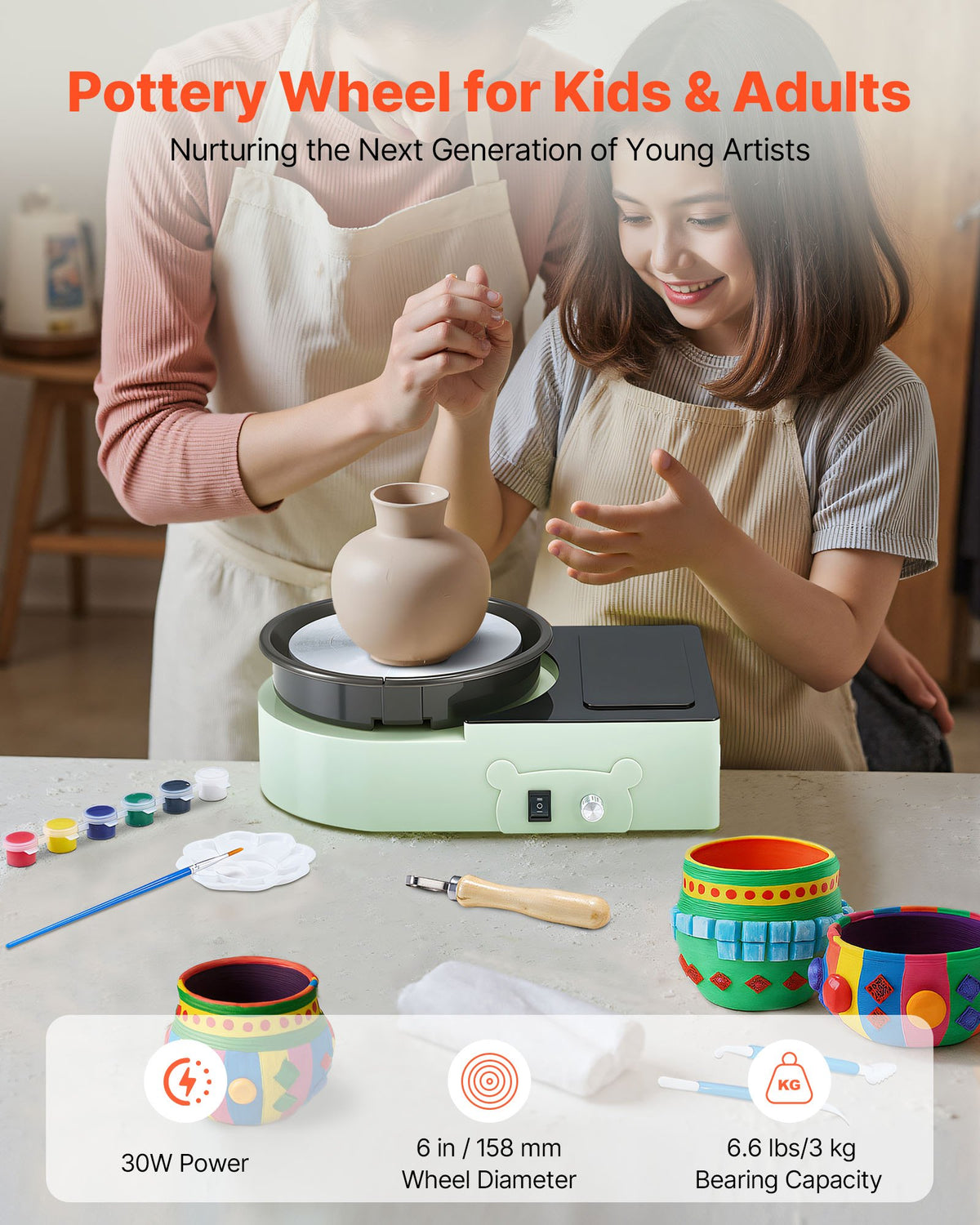 VEVOR Mini Pottery Wheel, 158 mm Turntable, Forward and Reverse Rotation, Adjustable Speed, Electric Clay Wheel for Kids and Adults, with Clay Shaping Tools, for Home DIY, Pottery Classes, Green