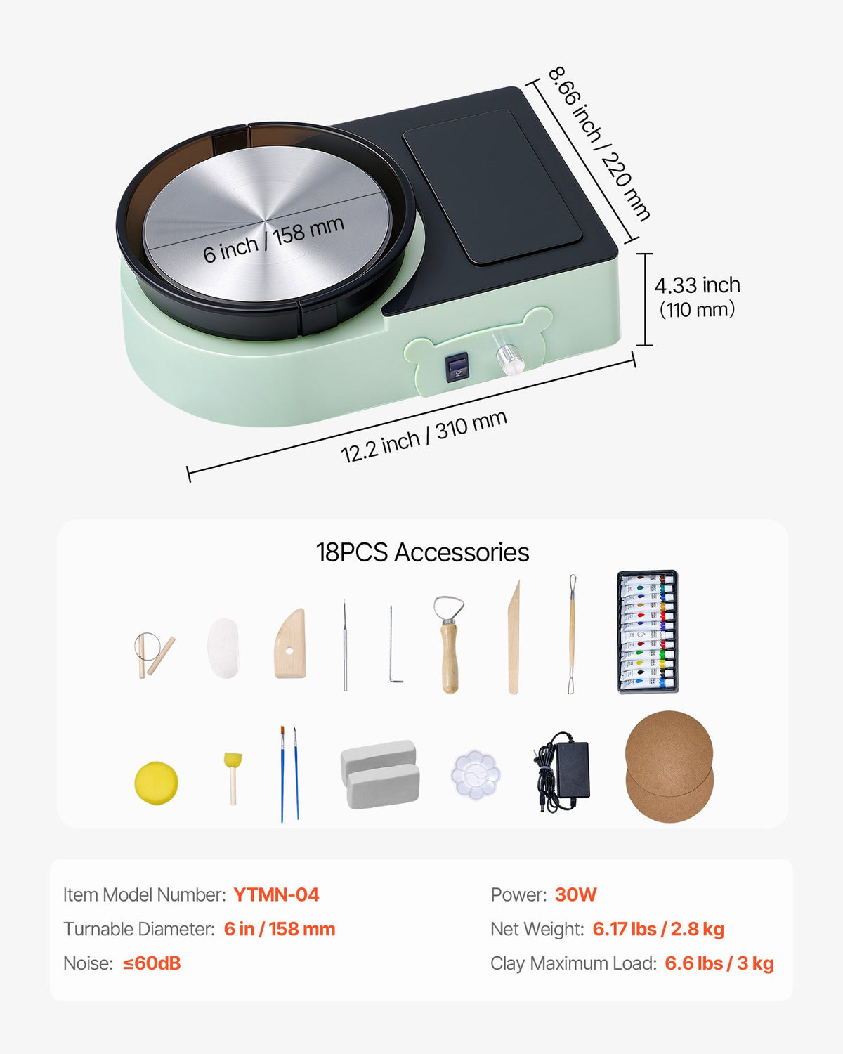 VEVOR Mini Pottery Wheel, 158 mm Turntable, Forward and Reverse Rotation, Adjustable Speed, Electric Clay Wheel for Kids and Adults, with Clay Shaping Tools, for Home DIY, Pottery Classes, Green