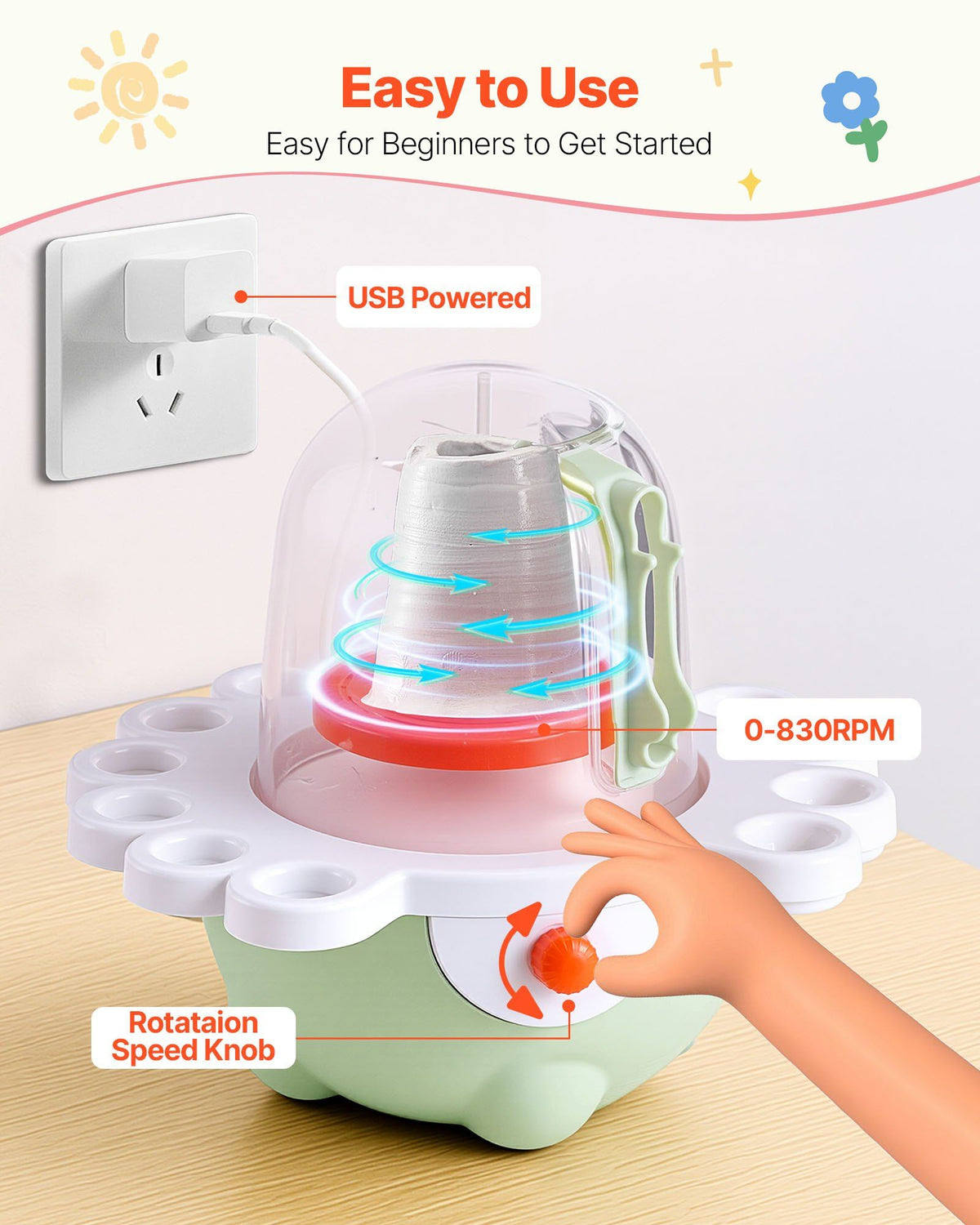 Mini Pottery Wheel, 50 mm and 80 mm Turntables, Adjustable Speed, Electric Clay Wheel for Kids and Beginners, Complete Pottery Set with Clay Sculpting Tools, Gift for Boys and Girls, Green