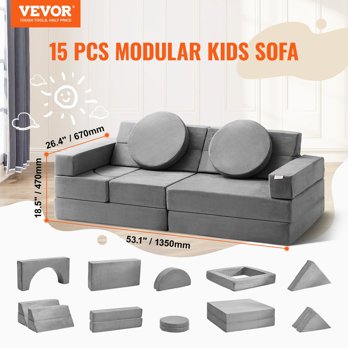 VEVOR Play Couch, 15pcs Modular Kids Nugget Couch, Toddler Foam Sofa Couch with High-density 25D Sponge for Playing, Creativing, Sleeping, Imaginative Kids Furniture for Bedroom and Playroom