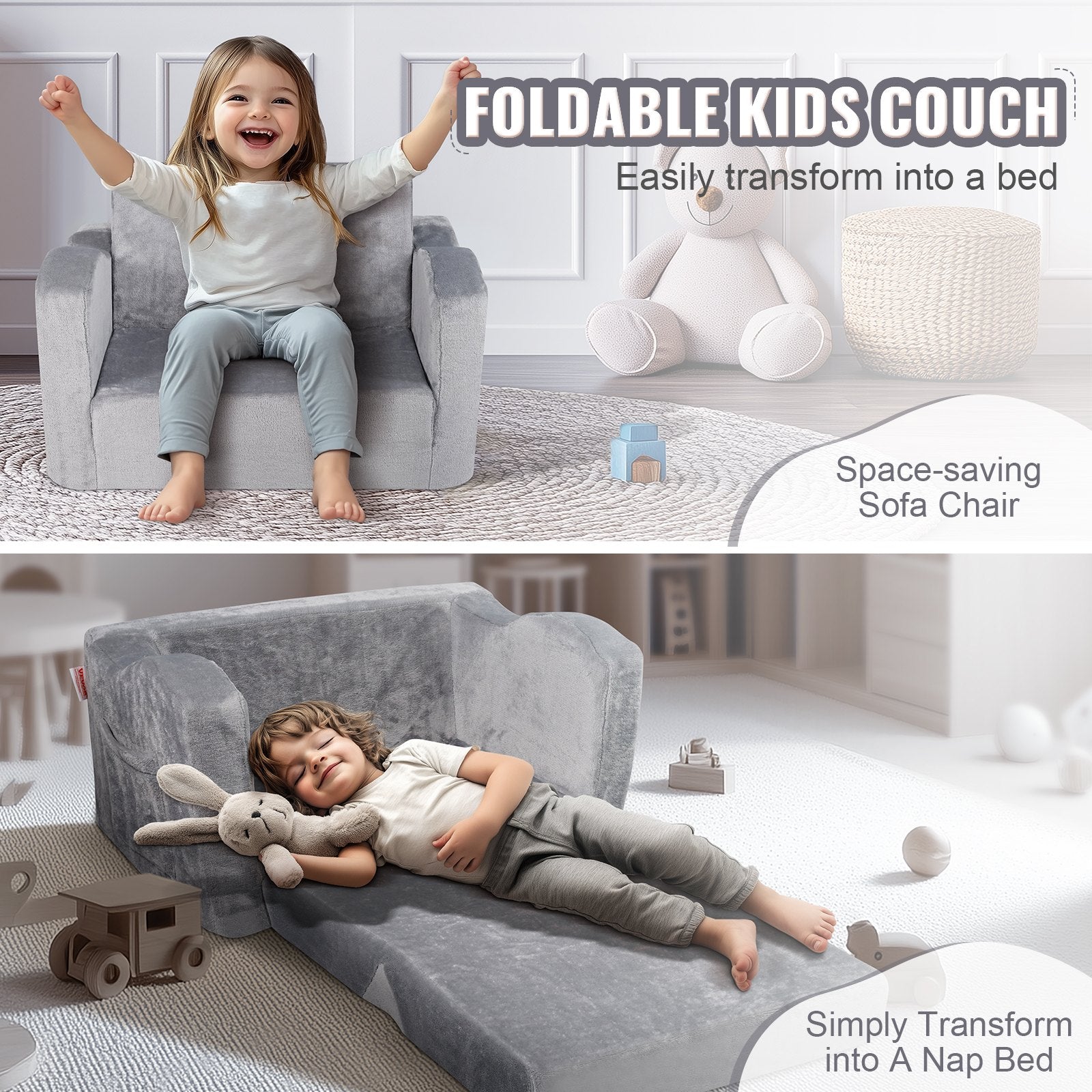 VEVOR Baby Chair Foldable 2-in-1 Comfy Baby Lounger Couch Kids Sofa Grey